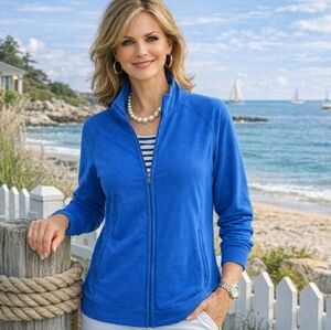 Talbots Sporty Blue Jacket Slub Terry UPF 50 Cozy Crush Athleisure Sz LP